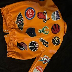 Collectors edition Orange leather Jacket with NBA Team Patches